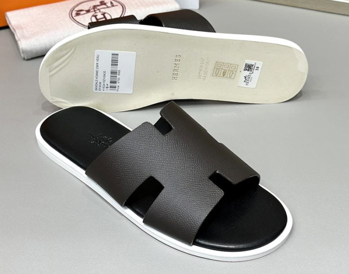 Dép nam Hermes viền trắng da taiga Siêu Cấp