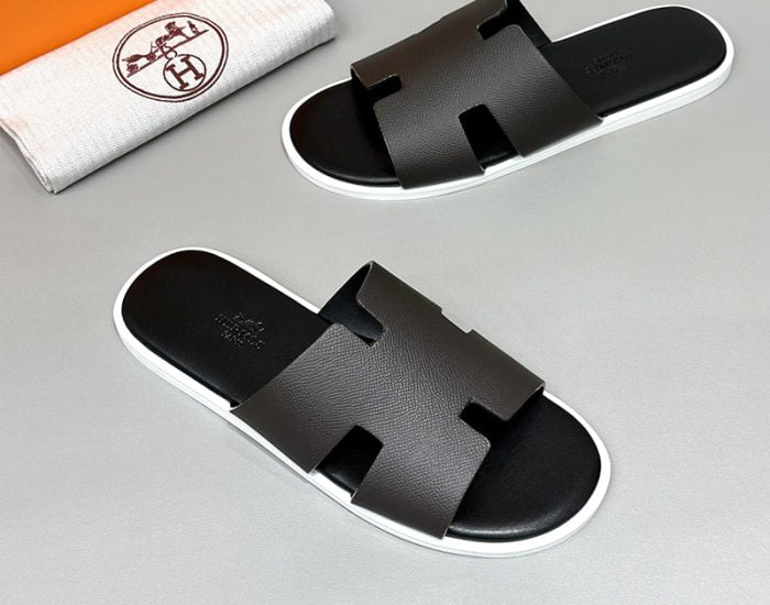 Dép nam Hermes viền trắng da taiga Siêu Cấp
