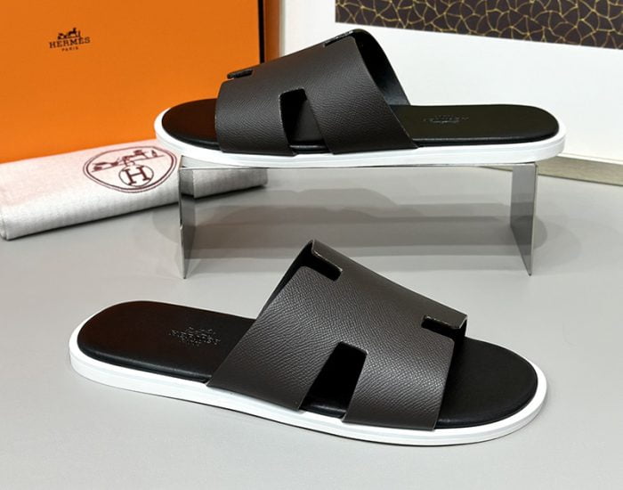 Dép nam Hermes viền trắng da taiga Siêu Cấp