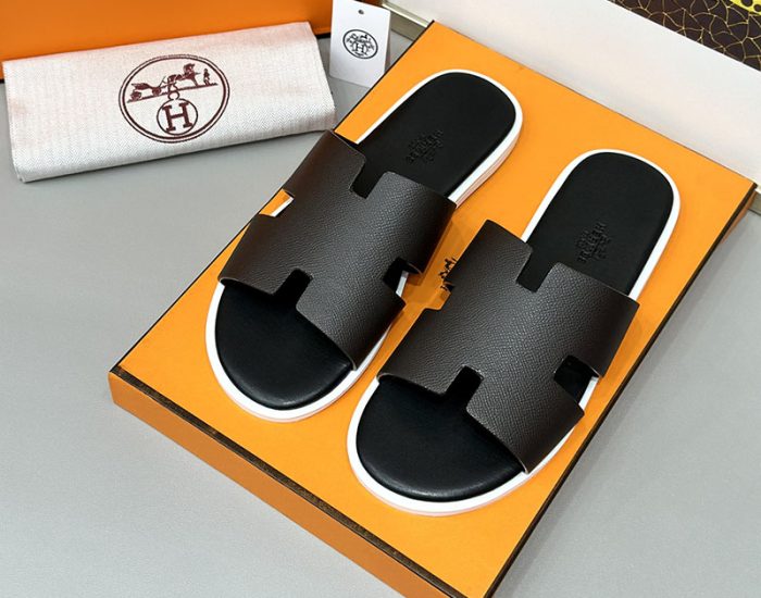 Dép nam Hermes viền trắng da taiga Siêu Cấp