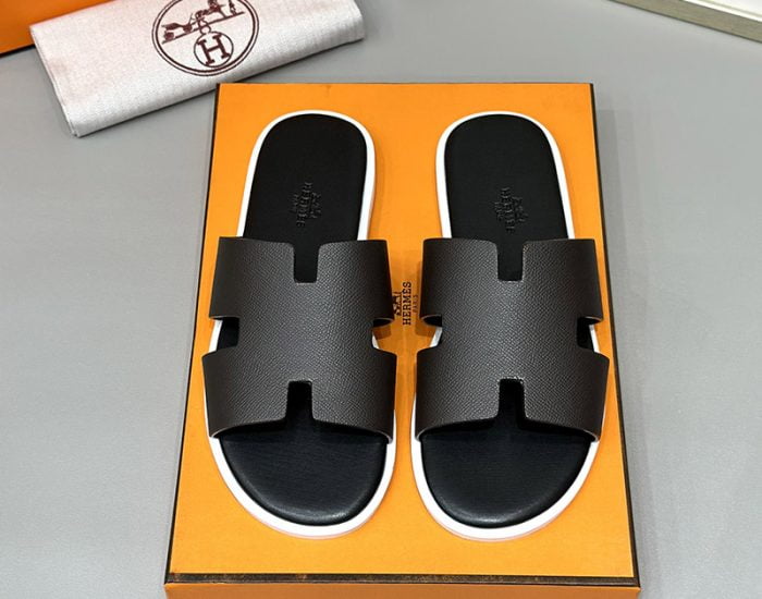 Dép nam Hermes viền trắng da taiga Siêu Cấp