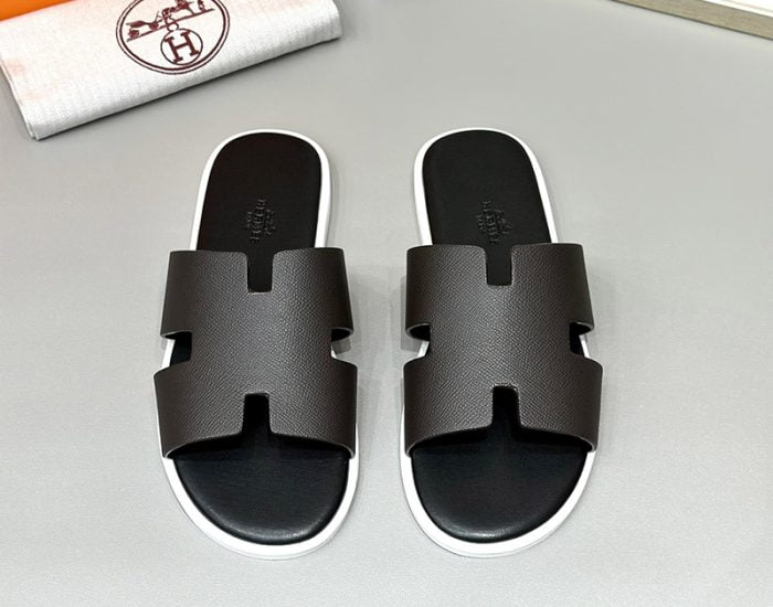 Dép nam Hermes viền trắng da taiga Siêu Cấp