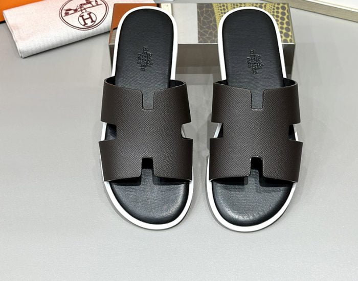 Dép nam Hermes viền trắng da taiga Siêu Cấp