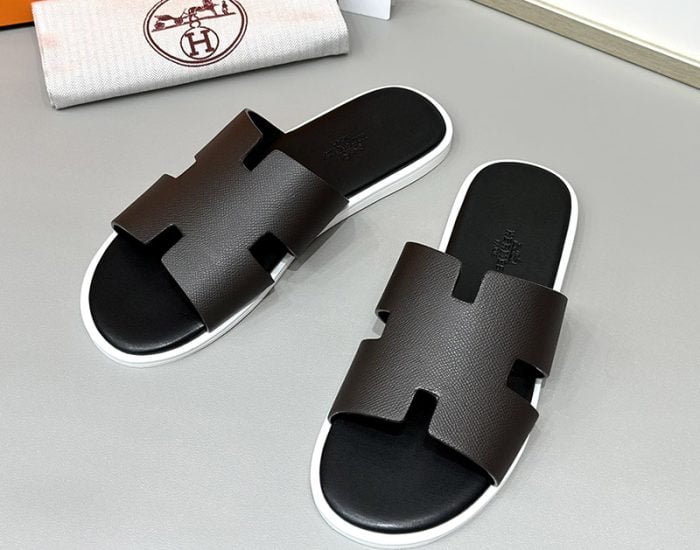 Dép nam Hermes viền trắng da taiga Siêu Cấp
