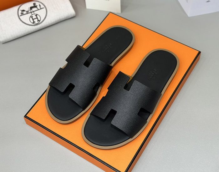 Dép nam Hermes viền nâu da taiga đế gỗ