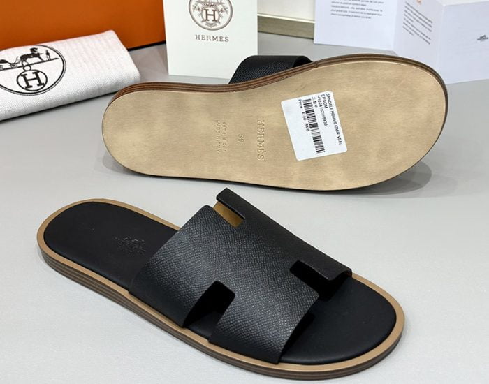 Dép nam Hermes viền nâu da taiga đế gỗ