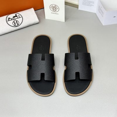 Dép nam Hermes viền nâu da taiga đế gỗ