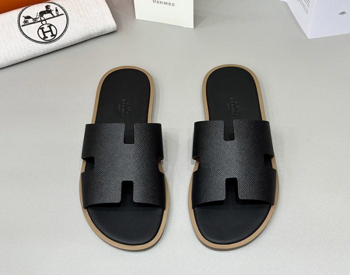 Dép nam Hermes viền nâu da taiga đế gỗ