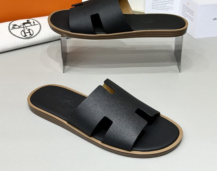 Dép nam Hermes viền nâu da taiga đế gỗ