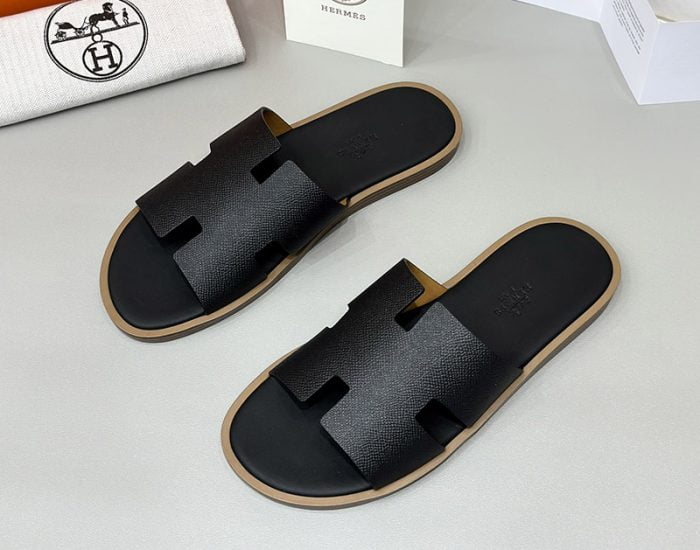 Dép nam Hermes viền nâu da taiga đế gỗ