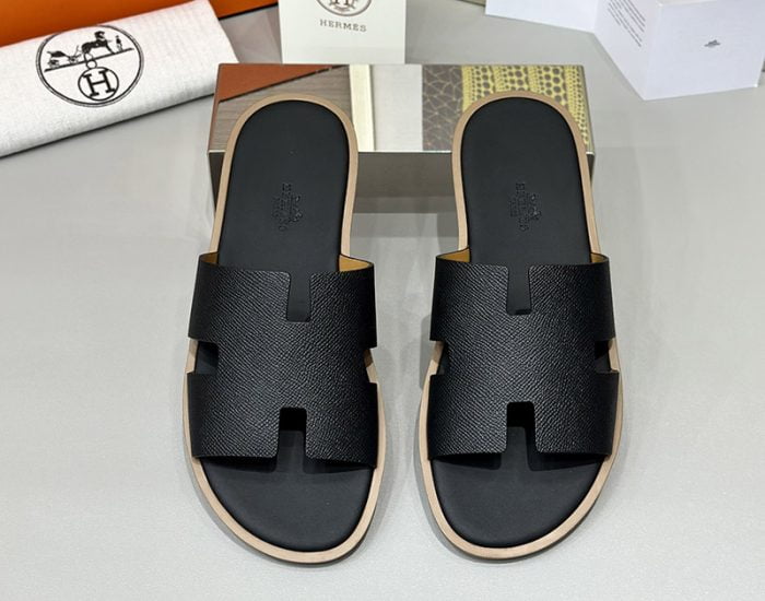 Dép nam Hermes viền nâu da taiga đế gỗ