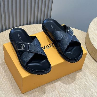 Dép quai chéo LV siêu cấp hoa Monogram phối logo