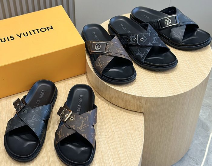 Dép quai chéo LV siêu cấp hoa Monogram phối logo