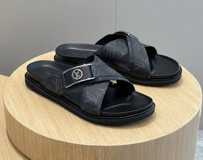 Dép quai chéo LV siêu cấp hoa Monogram phối logo