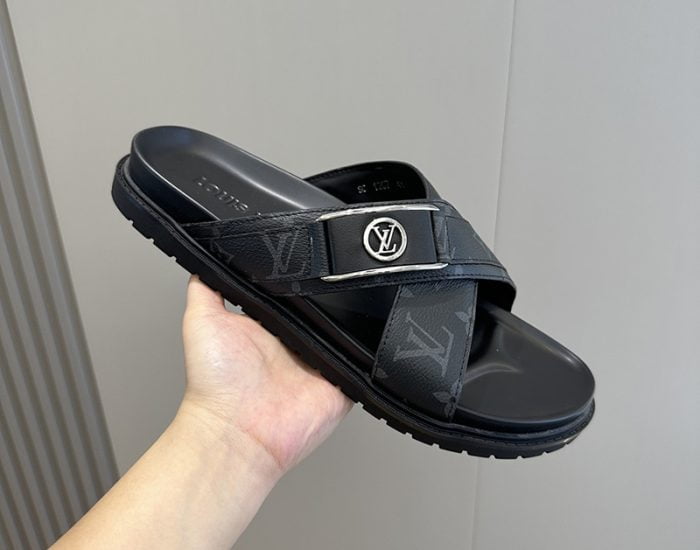 Dép quai chéo LV siêu cấp hoa Monogram phối logo