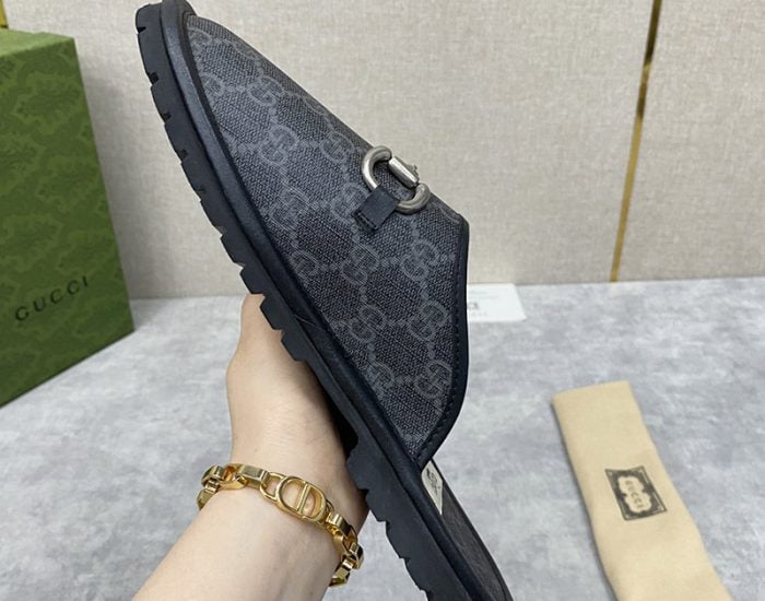 Dép sục Gucci GG Slipper Horsebit màu xám đen