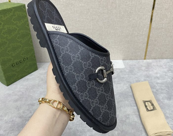 Dép sục Gucci GG Slipper Horsebit màu xám đen