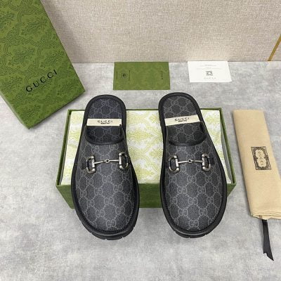Dép sục Gucci GG Slipper Horsebit màu xám đen