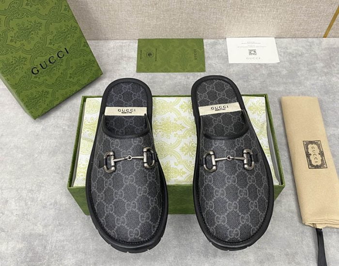 Dép sục Gucci GG Slipper Horsebit màu xám đen