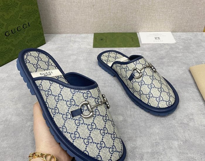 Dép sục Gucci GG Slipper Horsebit màu xám xanh