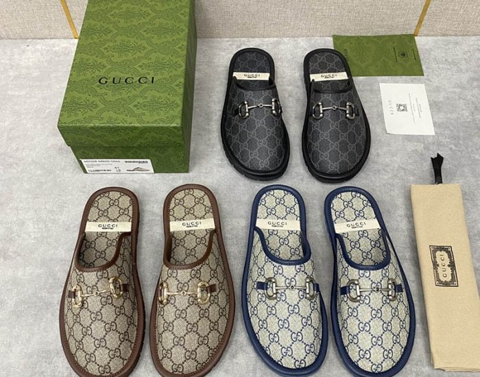 Dép sục Gucci GG Slipper Horsebit màu xám xanh