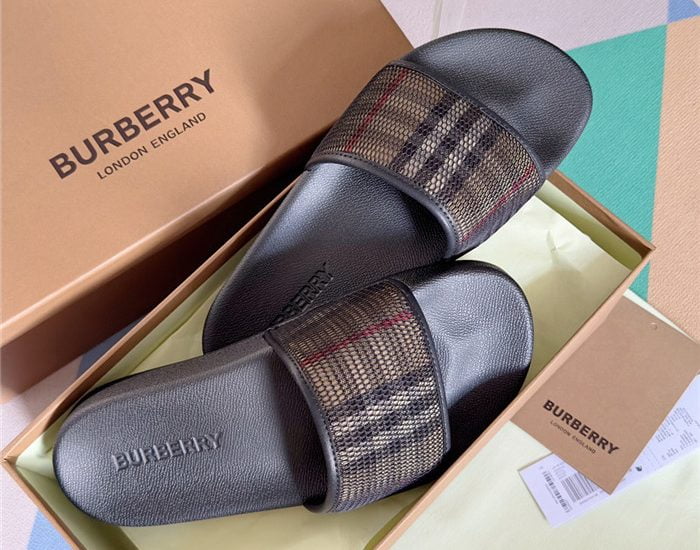 Dép Nam Burberry Check Cotton and Mesh Slides Like Auth