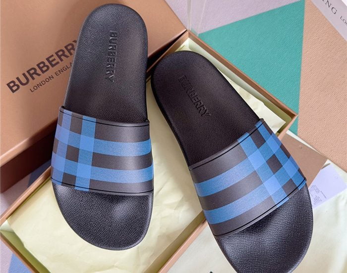 Dép nam Burberry Check Print Slides Dark Blue Like Auth