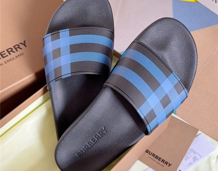 Dép nam Burberry Check Print Slides Dark Blue Like Auth