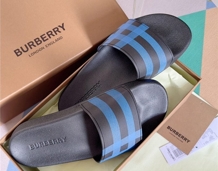 Dép nam Burberry Check Print Slides Dark Blue Like Auth