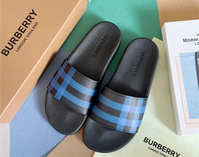 Dép nam Burberry Check Print Slides Dark Blue Like Auth