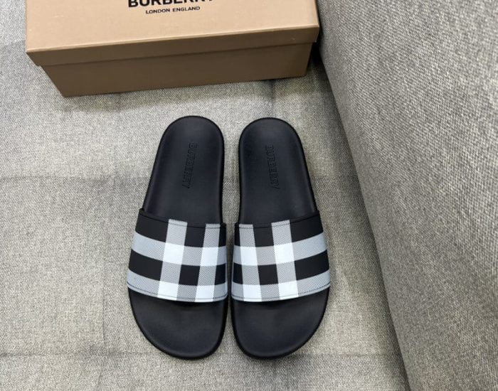 Dép Burberry Check Print Slides White Dark Blue Like Auth