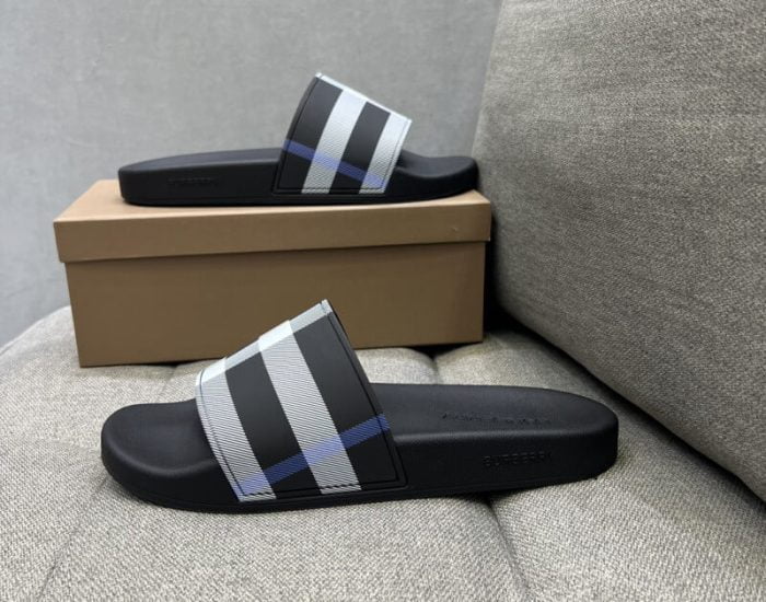 Dép Burberry Check Print Slides White Dark Blue Like Auth