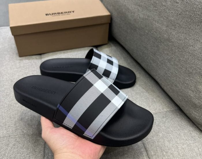 Dép Burberry Check Print Slides White Dark Blue Like Auth