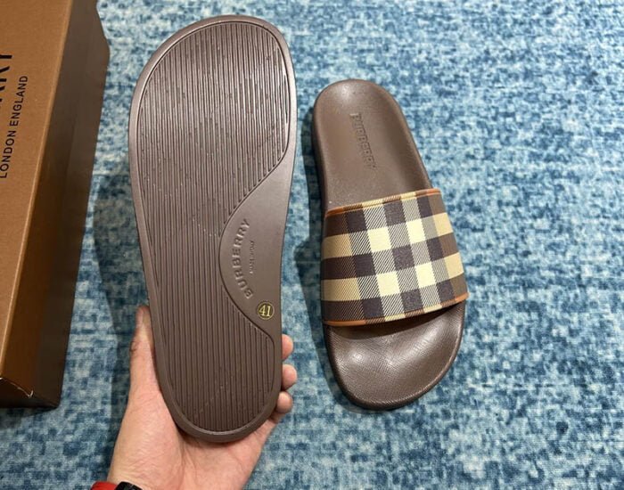 Dép nam Burberry Checkered Slides Dark Birch Brown Like Auth