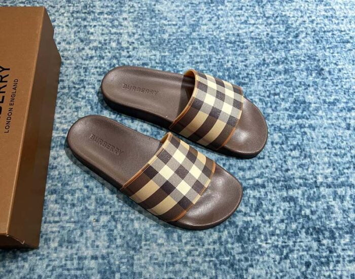 Dép nam Burberry Checkered Slides Dark Birch Brown Like Auth