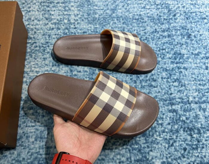Dép nam Burberry Checkered Slides Dark Birch Brown Like Auth