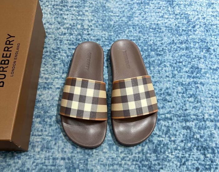 Dép nam Burberry Checkered Slides Dark Birch Brown Like Auth