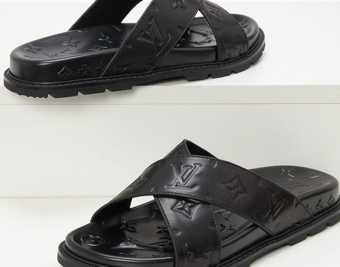 Dép quai chéo Louis Vuitton họa tiết hoa Monogram màu đen