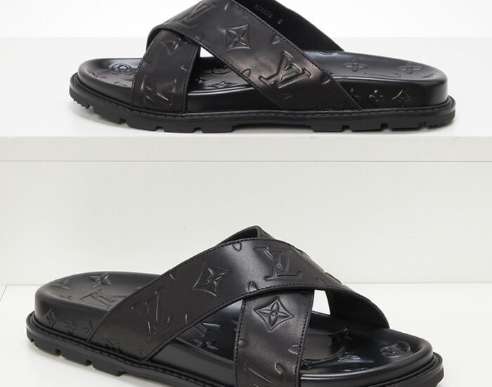 Dép quai chéo Louis Vuitton họa tiết hoa Monogram màu đen