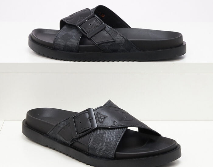 Dép quai chéo Louis Vuitton màu đen họa tiết khóa cài