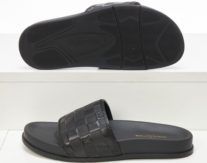 Dép quai ngang Louis Vuitton caro dập chìm họa tiết bo viền