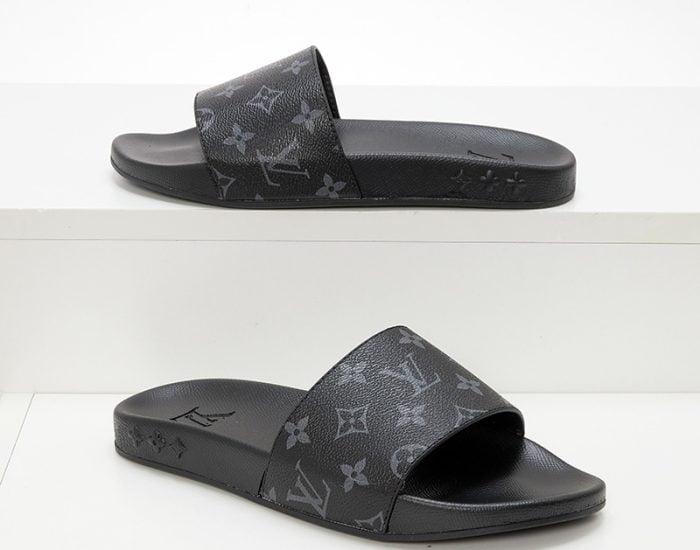 Dép quai ngang Louis Vuitton họa tiết hoa Monogram đen siêu cấp