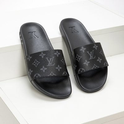 Dép quai ngang Louis Vuitton họa tiết hoa Monogram đen siêu cấp