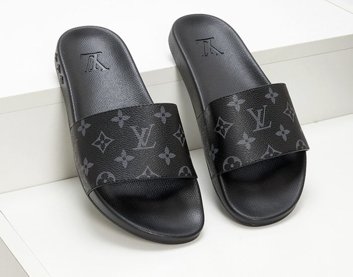 Dép quai ngang Louis Vuitton họa tiết hoa Monogram đen siêu cấp