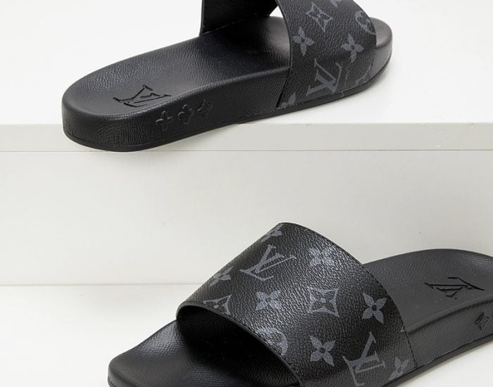 Dép quai ngang Louis Vuitton họa tiết hoa Monogram đen siêu cấp