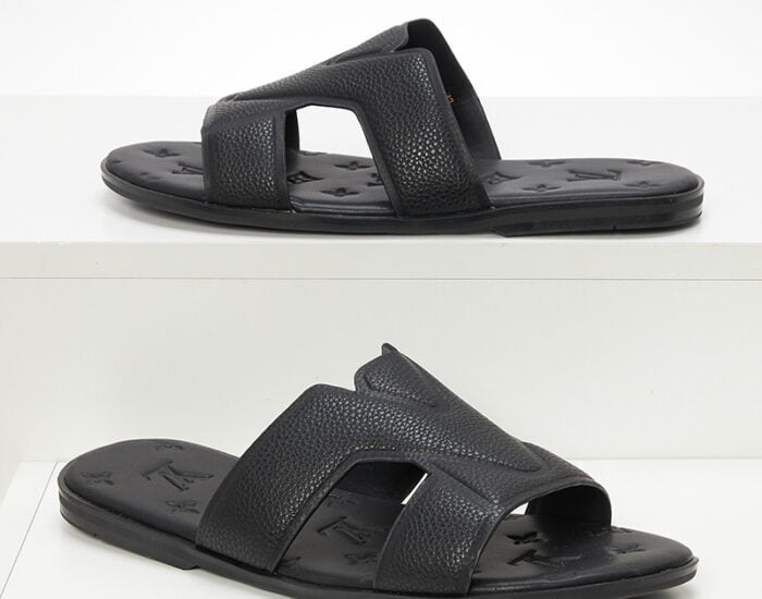 Dép quai ngang Louis Vuitton màu đen họa tiết hoa dập chìm