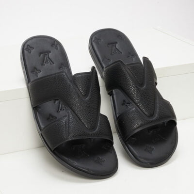 Dép quai ngang Louis Vuitton màu đen họa tiết hoa dập chìm