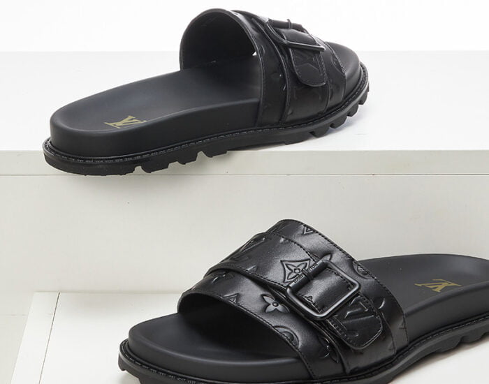 Dép Louis Vuitton quai ngang tag ngang họa tiết hoa dập chìm